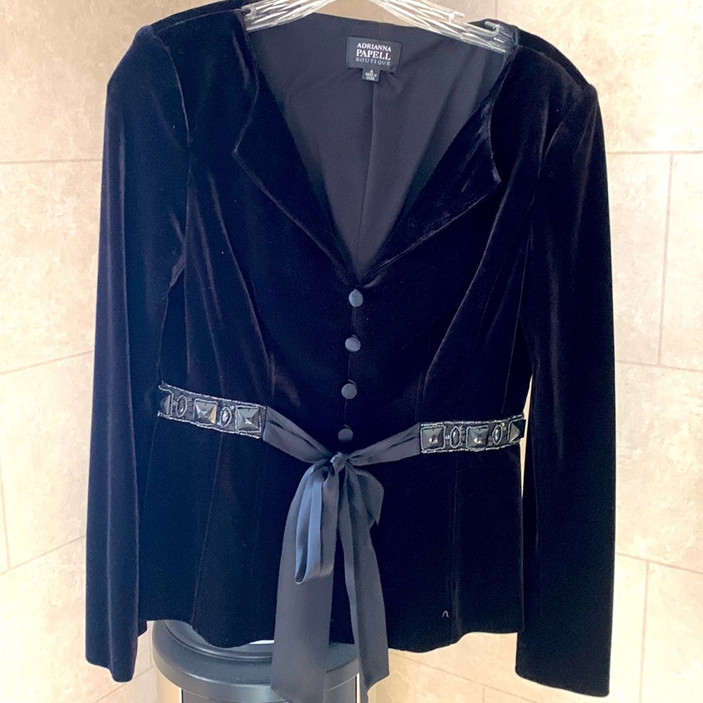 Adrianna Papell Black Velvet Button Front Jacket with Satin Tie